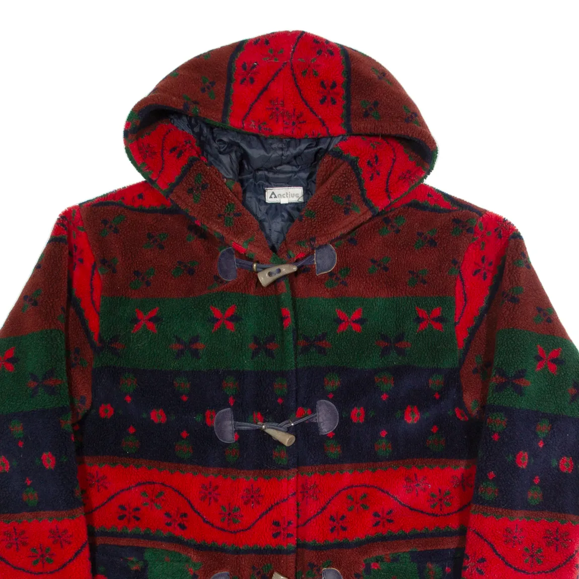 SOICO Womens Duffle Coat Red 90s Hooded Fair Isle L