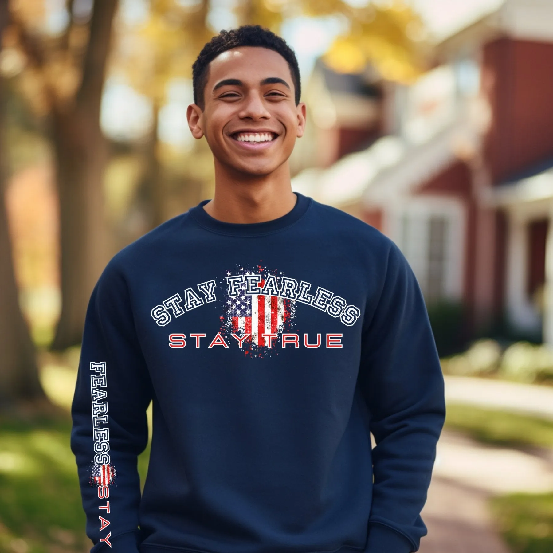 Stay Fearless, Stay True Men's Sweatshirt: American Flag & Sleeve Detail