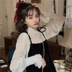 Vintage Solid Color Slip Dress&Puff Sleeved Shirt