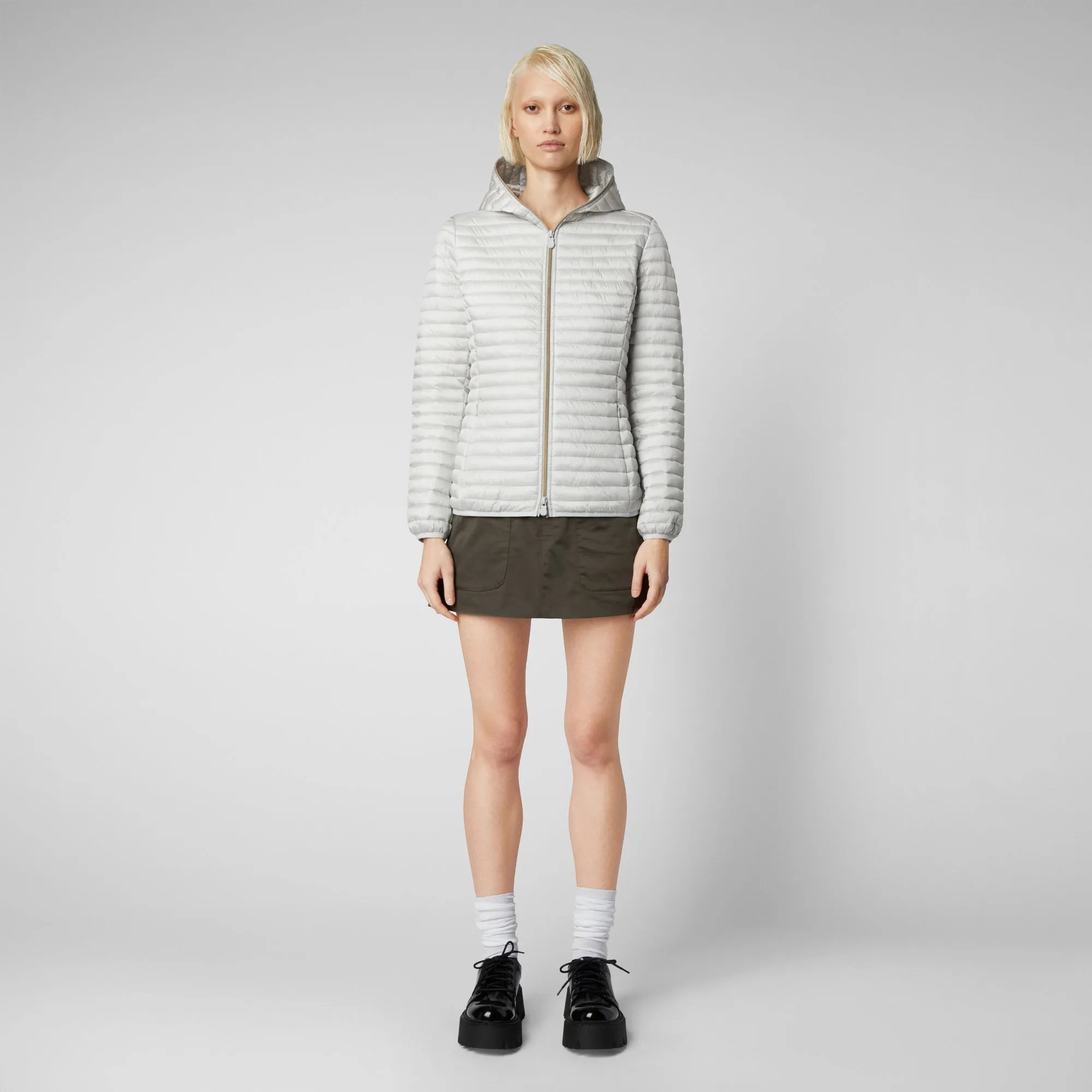 Woman's animal free hooded puffer Alexa in fog grey