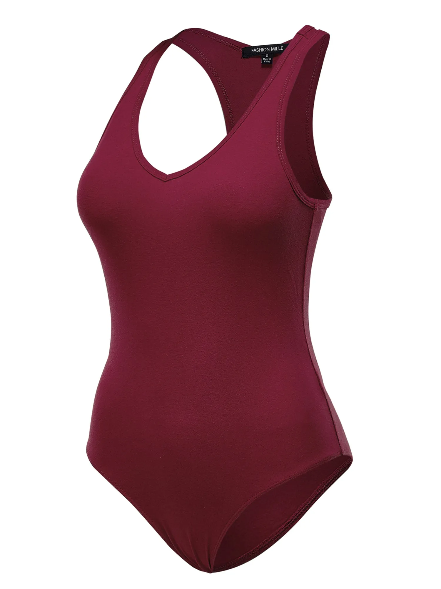 Women's Basic Solid Sleeveless V Neck Stretchy Bodysuit Top (FWT1011)