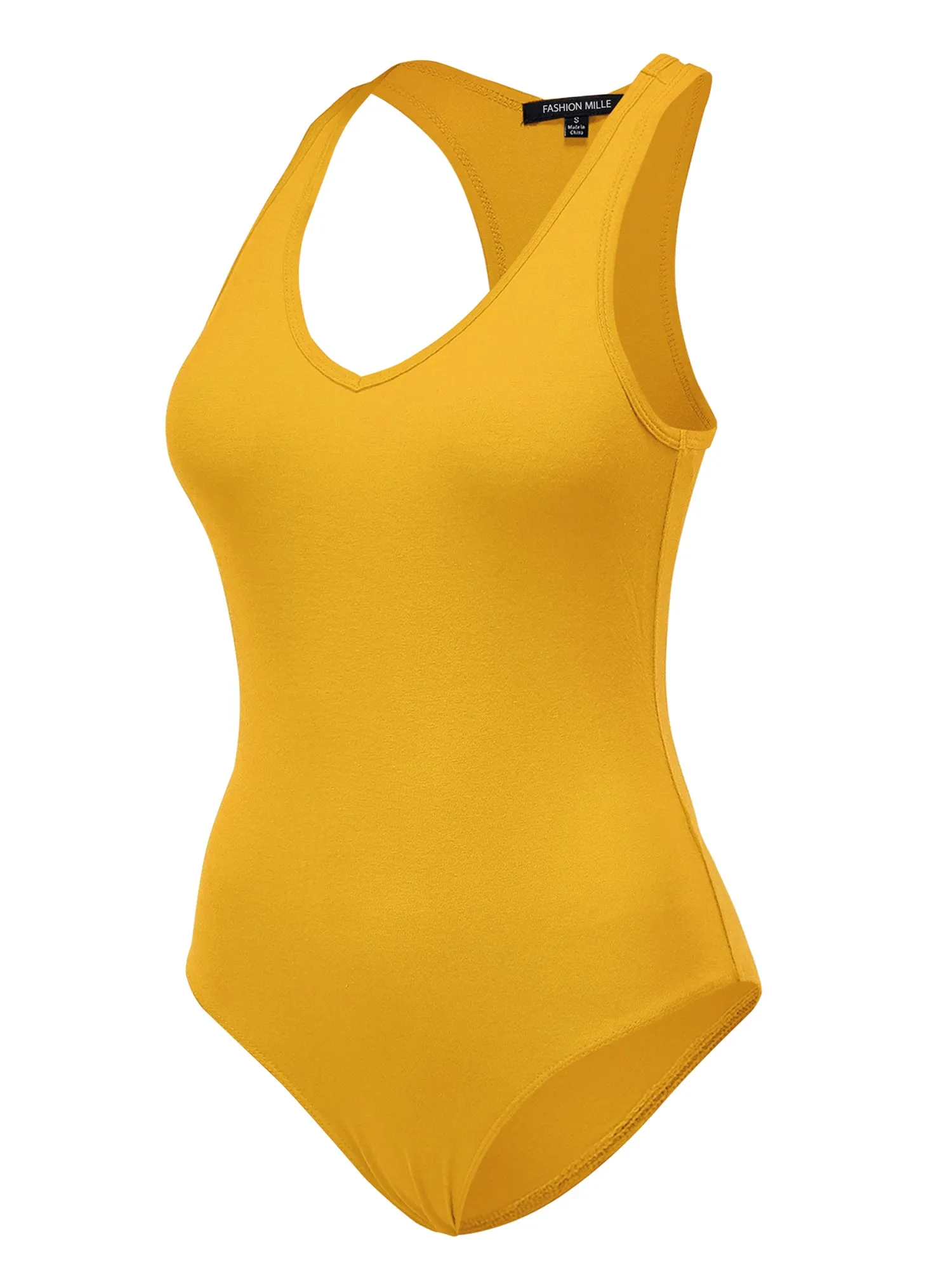 Women's Basic Solid Sleeveless V Neck Stretchy Bodysuit Top (FWT1011)