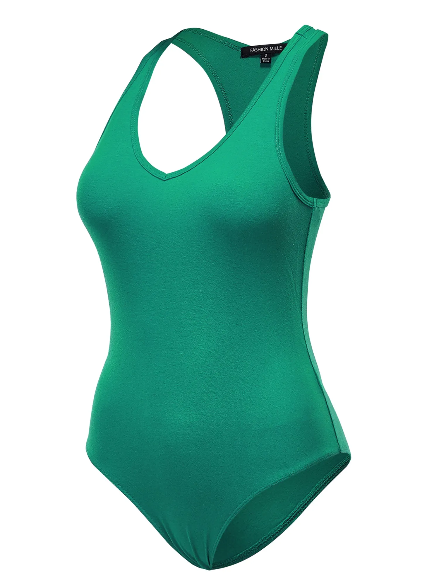 Women's Basic Solid Sleeveless V Neck Stretchy Bodysuit Top (FWT1011)