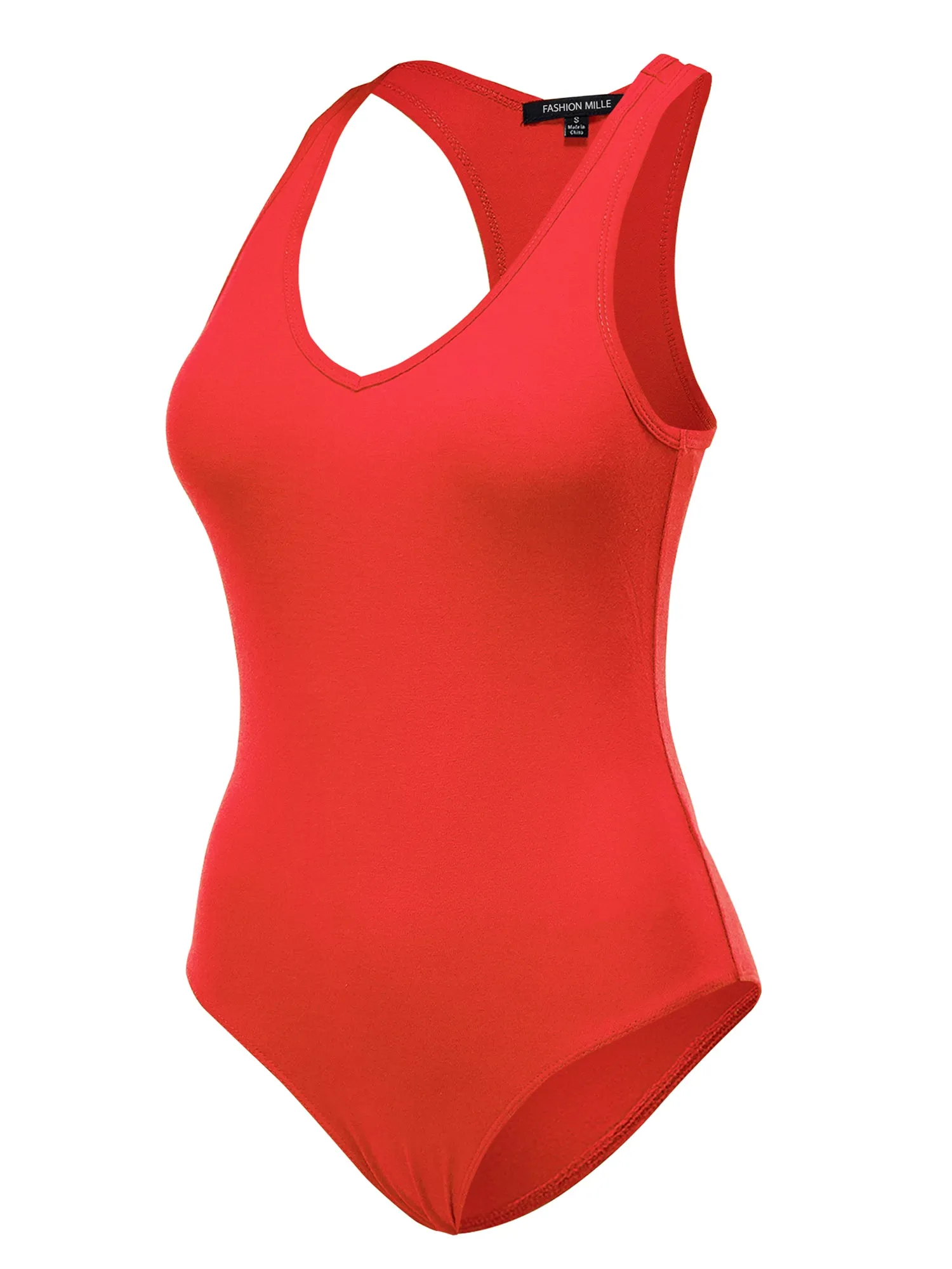 Women's Basic Solid Sleeveless V Neck Stretchy Bodysuit Top (FWT1011)