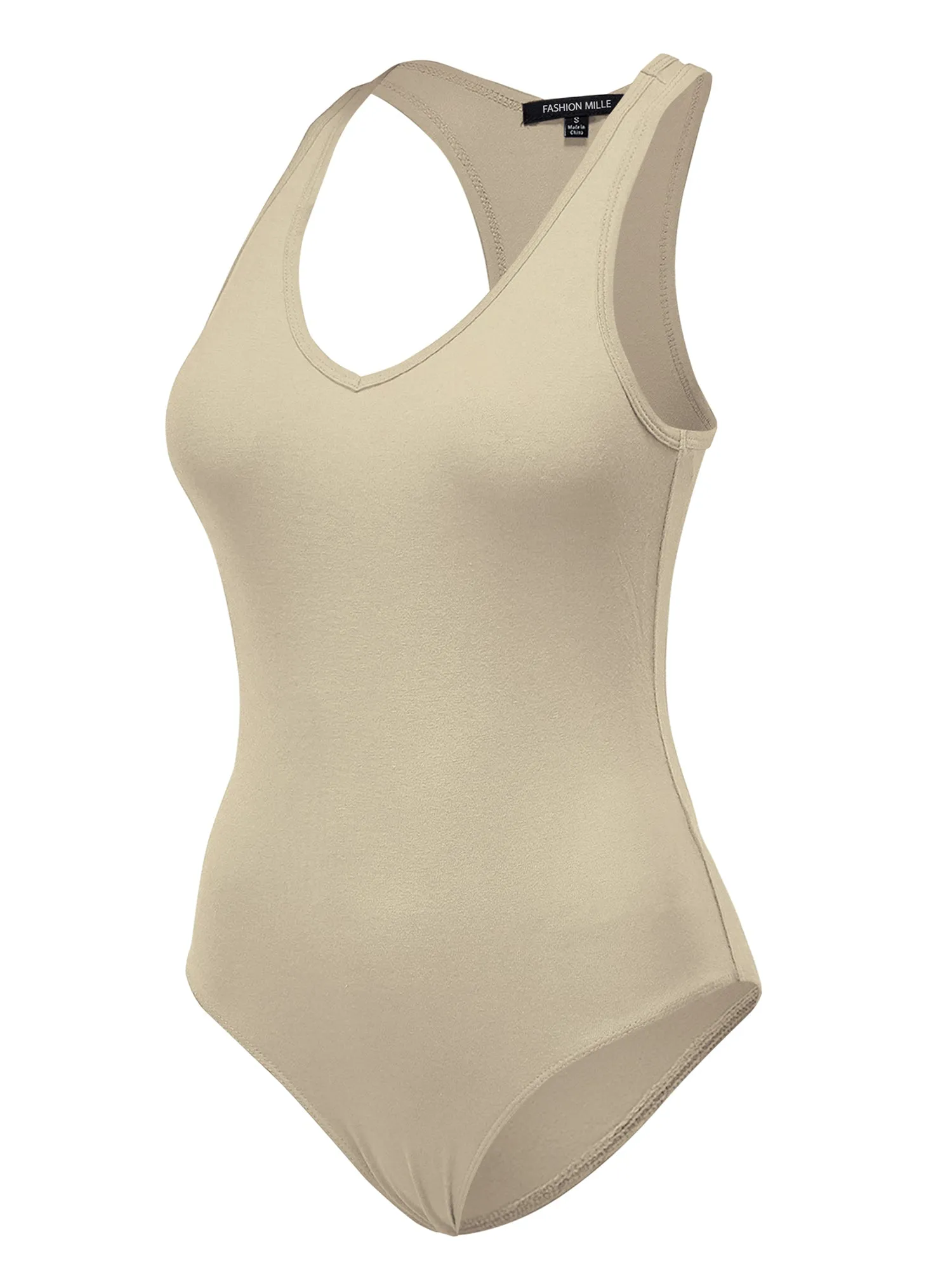 Women's Basic Solid Sleeveless V Neck Stretchy Bodysuit Top (FWT1011)