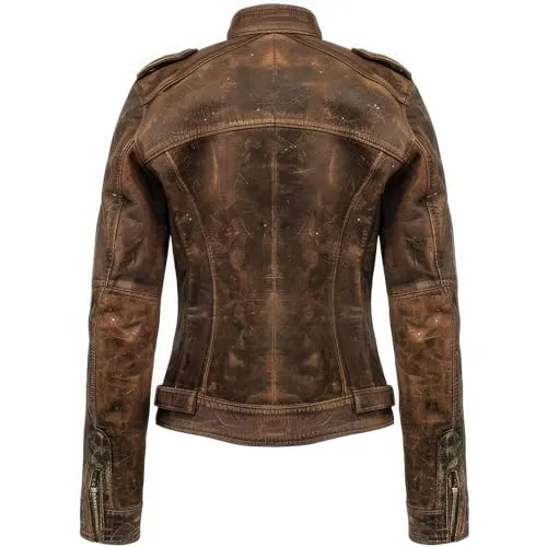 Womens Distressed Brown Genuine Suede Elegant Shirt Collar Vintage Riding Zipup Casual Stylish Leather Jacket