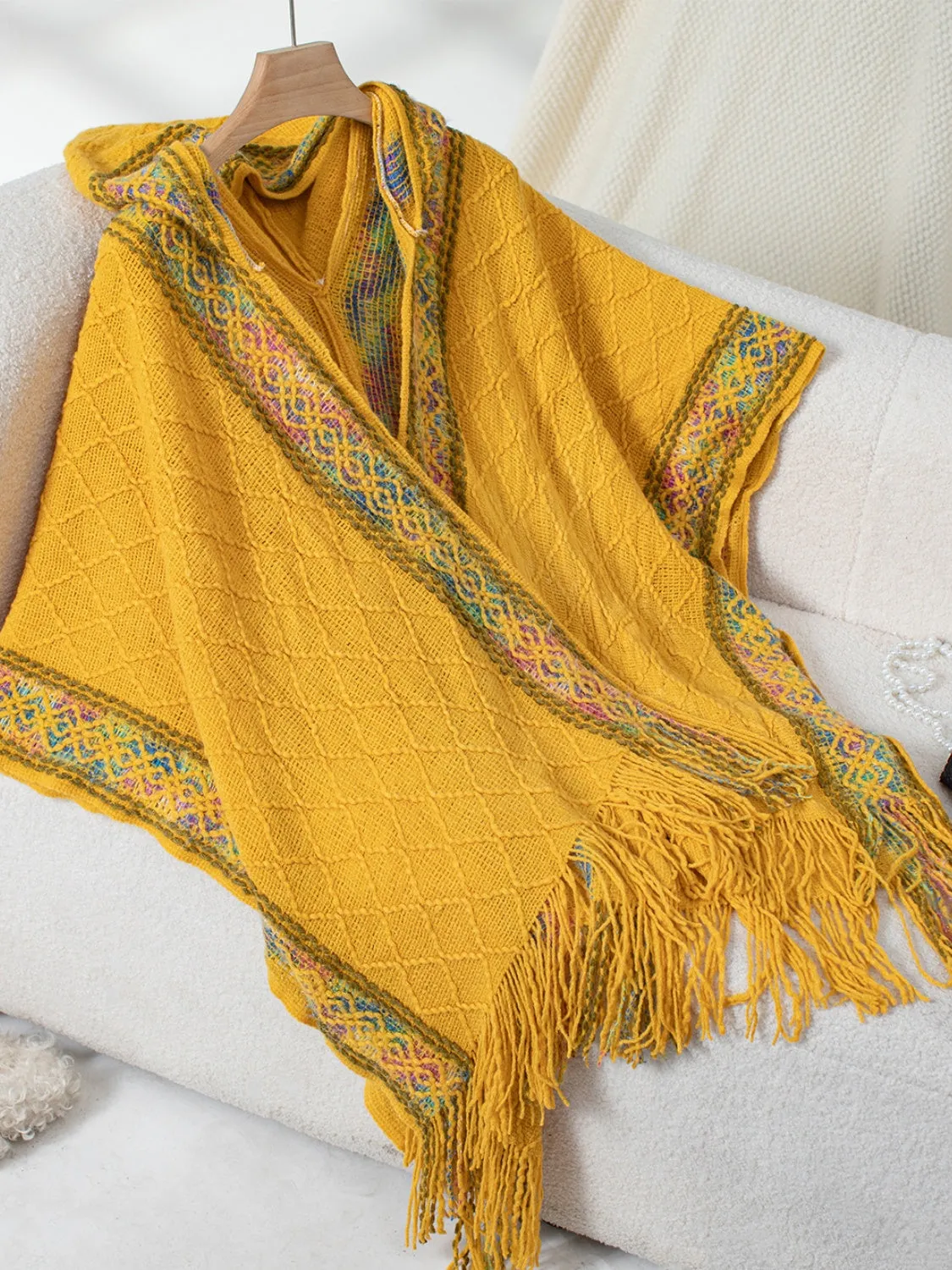 Womens Fringe Half Sleeve Hooded Poncho (ONE SIZE)