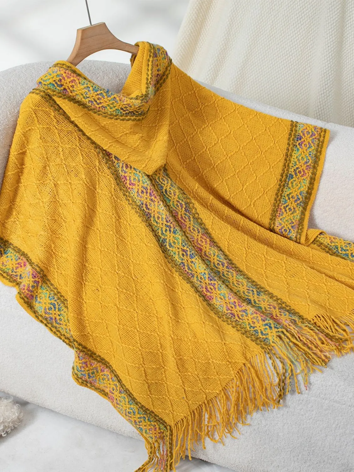 Womens Fringe Half Sleeve Hooded Poncho (ONE SIZE)