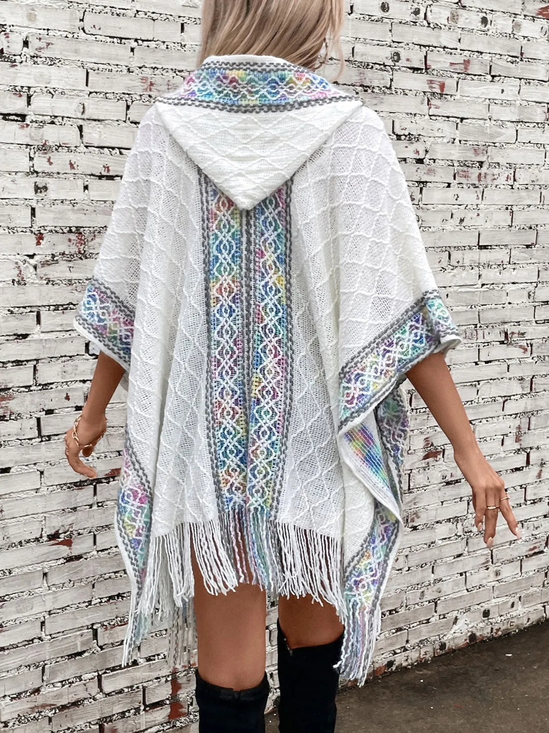 Womens Fringe Half Sleeve Hooded Poncho (ONE SIZE)