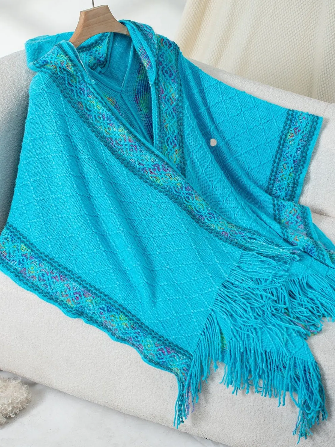 Womens Fringe Half Sleeve Hooded Poncho (ONE SIZE)