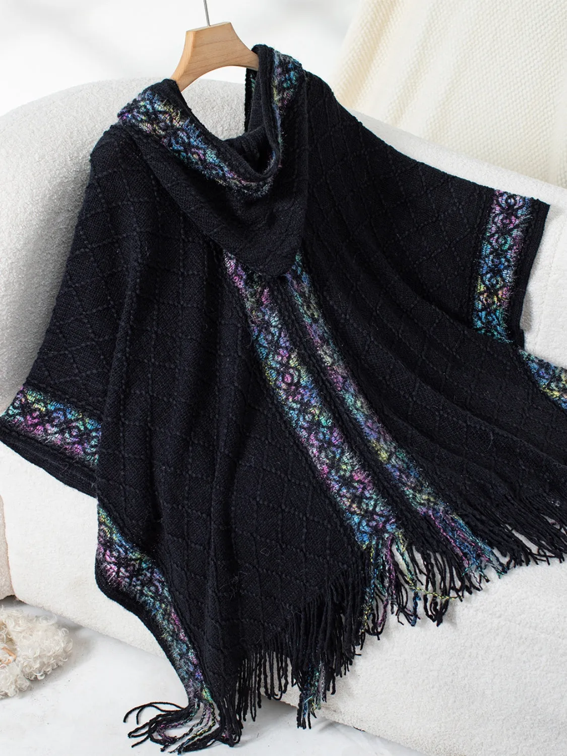 Womens Fringe Half Sleeve Hooded Poncho (ONE SIZE)