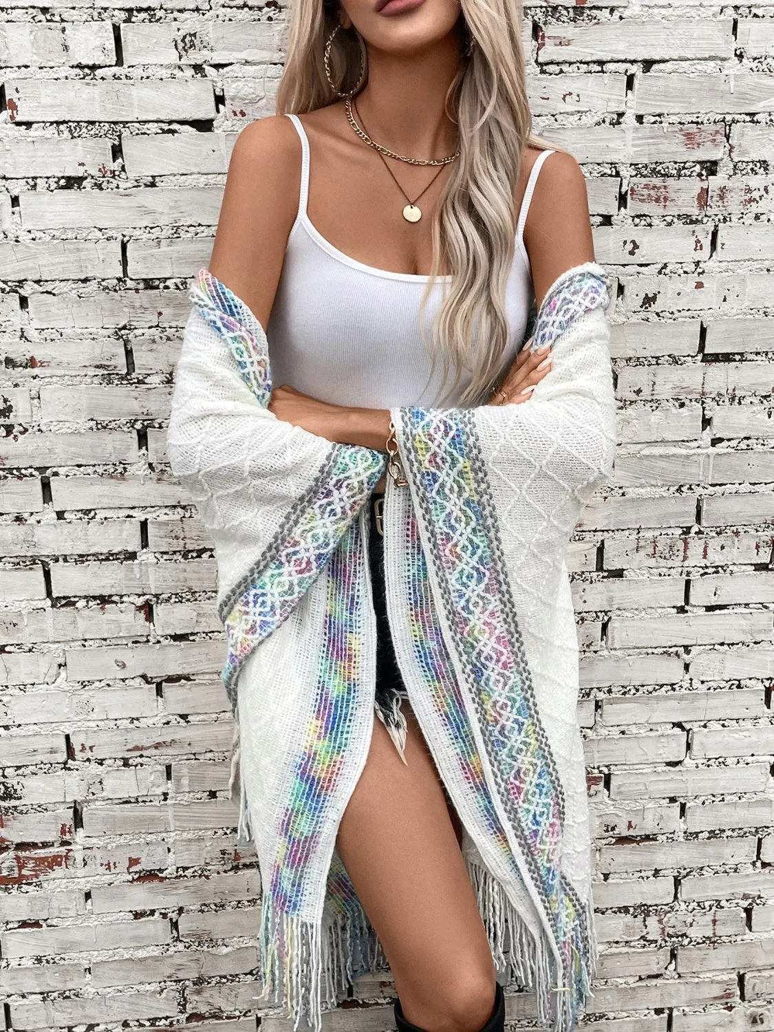 Womens Fringe Half Sleeve Hooded Poncho (ONE SIZE)