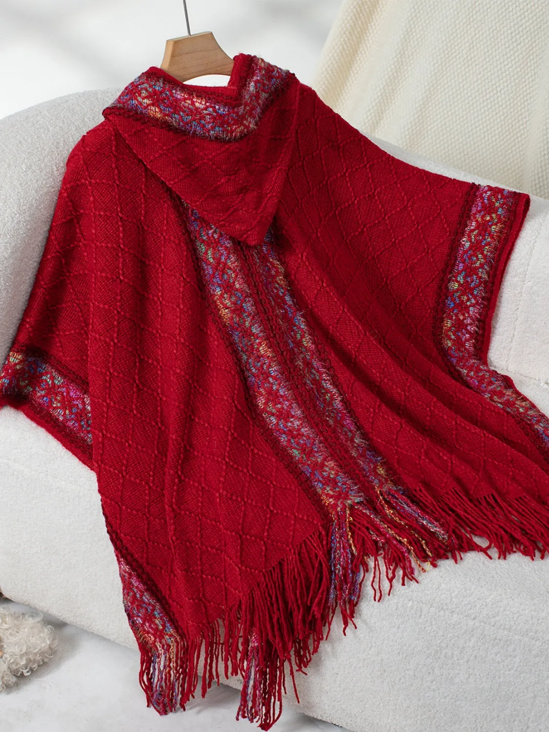 Womens Fringe Half Sleeve Hooded Poncho (ONE SIZE)