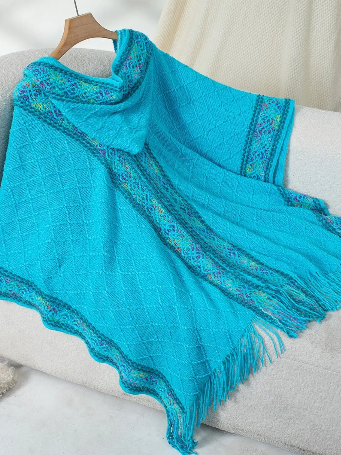 Womens Fringe Half Sleeve Hooded Poncho (ONE SIZE)