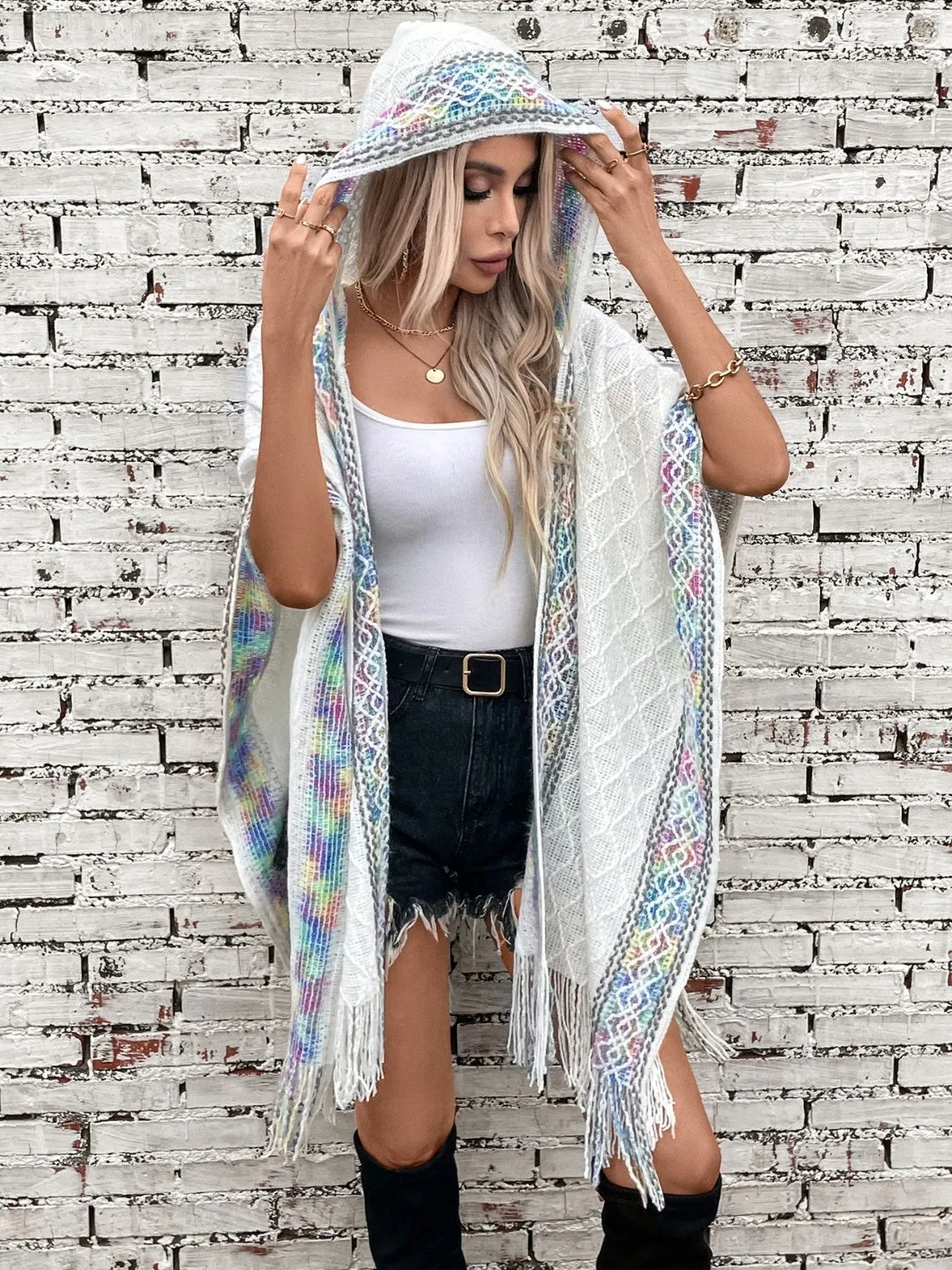 Womens Fringe Half Sleeve Hooded Poncho (ONE SIZE)